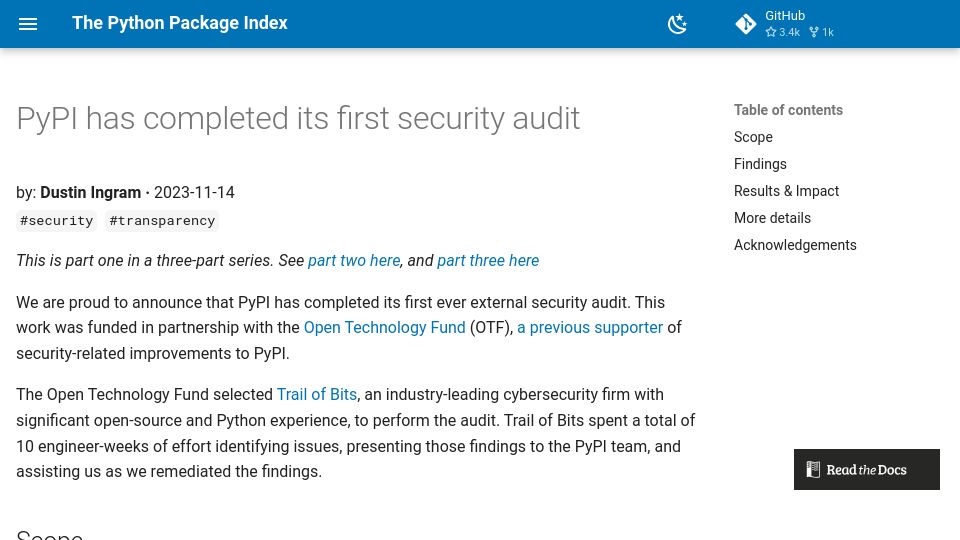 Screenshot of blog.pypi.org: PyPI has completed its first security audit