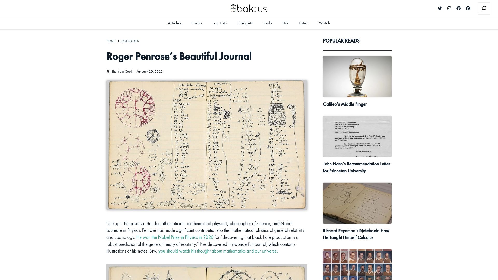 Screenshot of abakcus.com: Photos of Roger Penrose’s journal