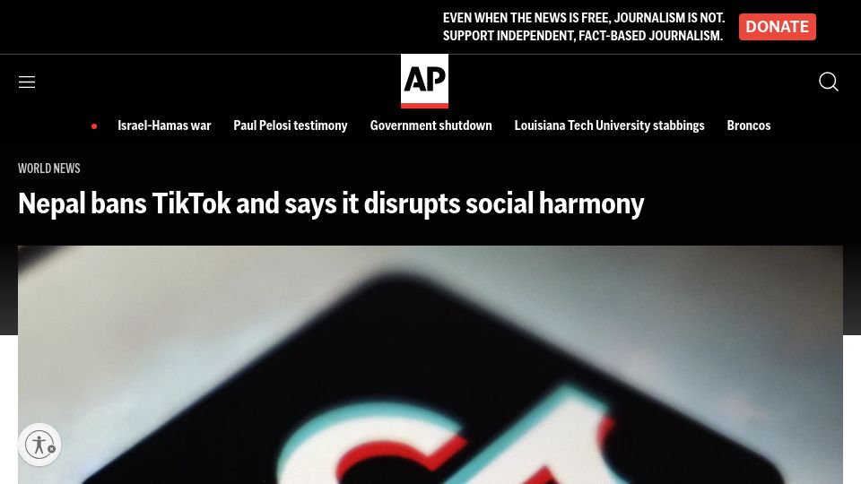 Screenshot of apnews.com: Nepal bans TikTok and says it disrupts social harmony