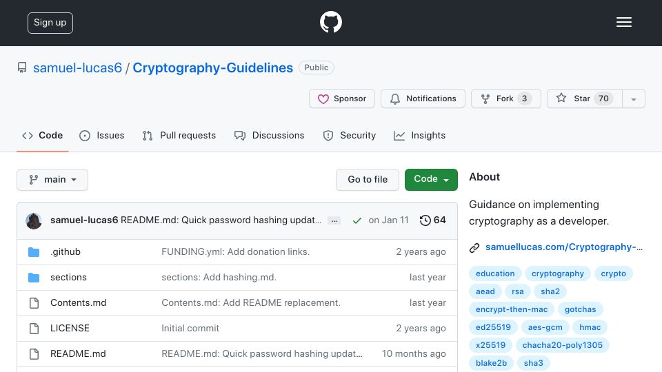 Screenshot of github.com: Guidance on implementing cryptography as a developer