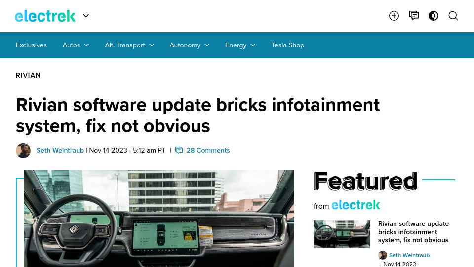 Screenshot of electrek.co: Rivian software update bricks infotainment system, fix not obvious