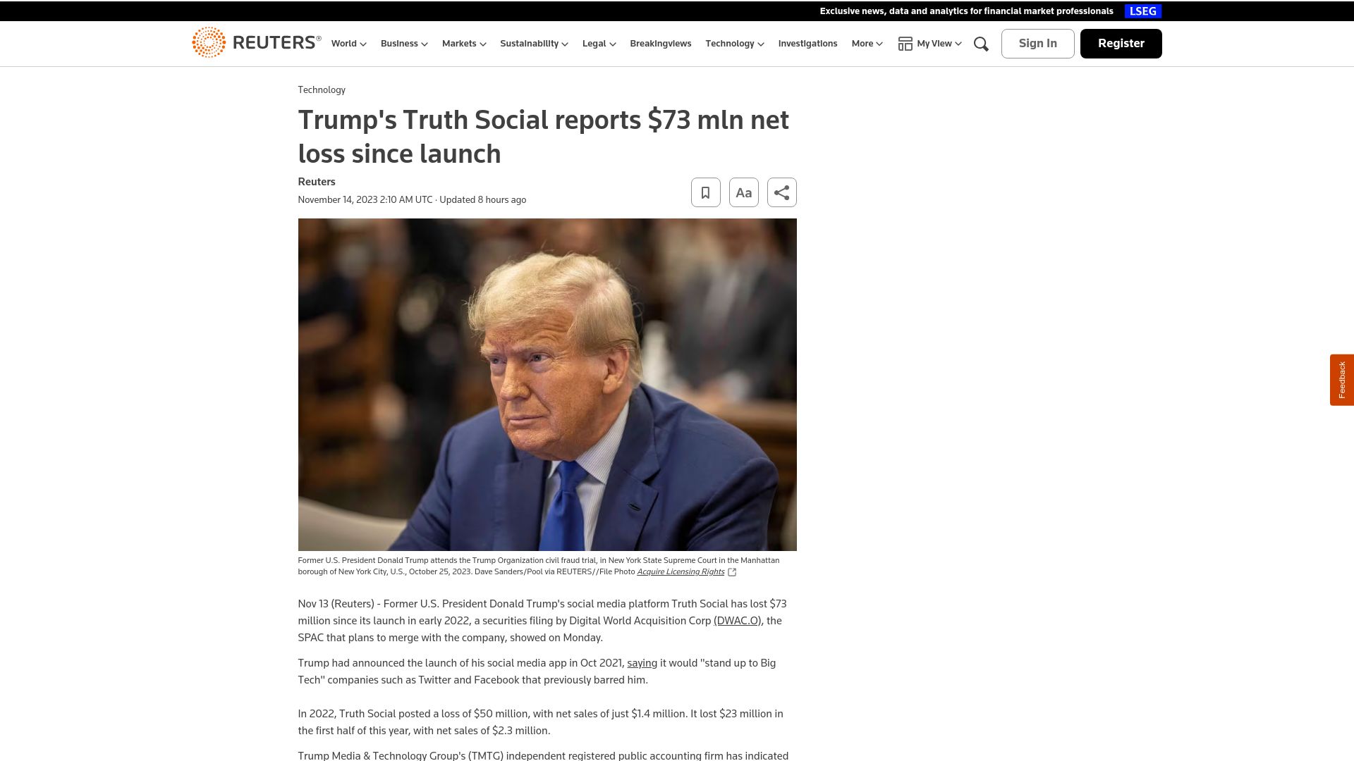 Screenshot of reuters.com: Truth Social reports $73M net loss since launch