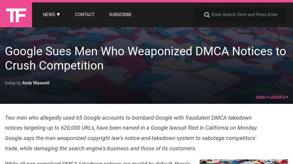 Screenshot of torrentfreak.com: Google sues two men who weaponized DMCA notices to crush competition