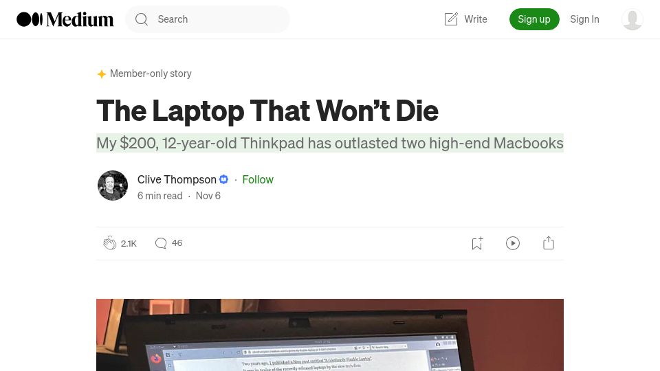 Screenshot of clivethompson.medium.com: The laptop that won't die