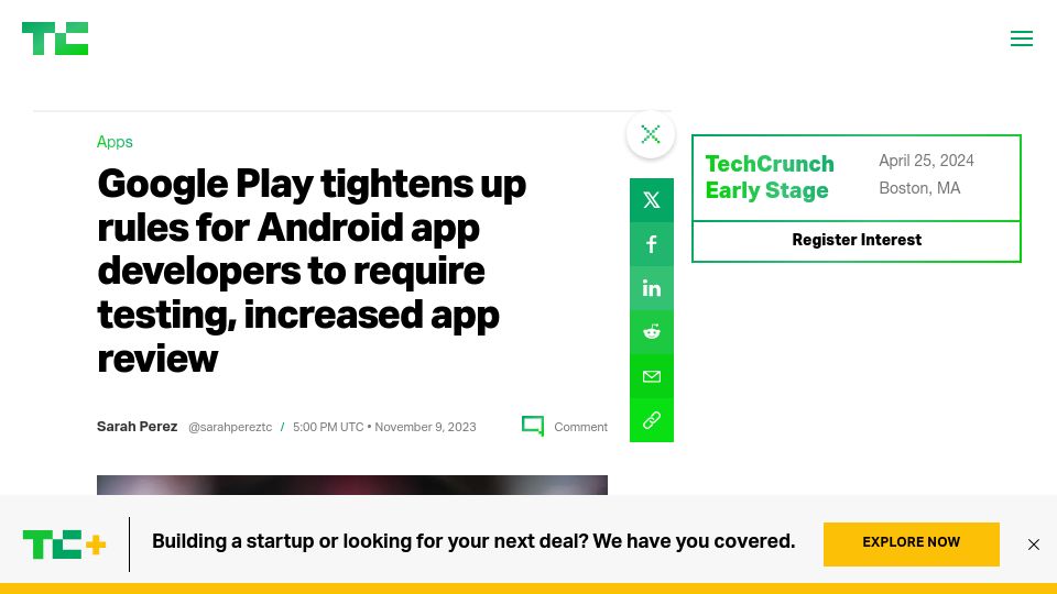 Screenshot of techcrunch.com: Android App Devs now require 20 people to test before publishing to Play Store