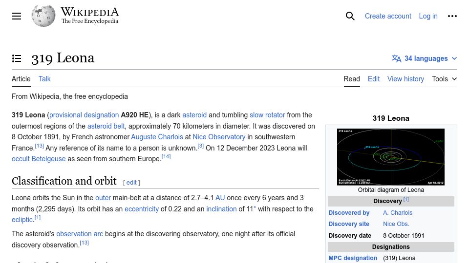 Screenshot of en.wikipedia.org: 319 Leona