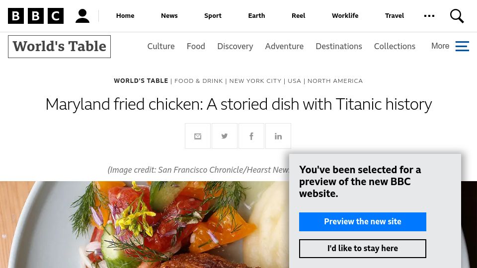Screenshot of bbc.com: Maryland Fried chicken: A storied dish with Titanic history
