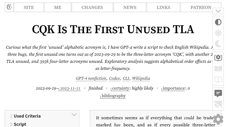 Screenshot of gwern.net: Writing a GPT-4 script to check Wikipedia for the first unused acronym