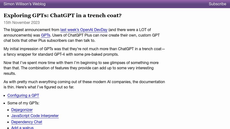 Screenshot of simonwillison.net: Exploring GPTs: ChatGPT in a trench coat?