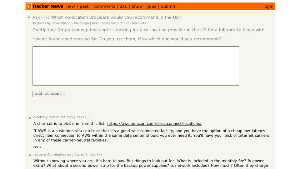 Screenshot of Hacker News post: Ask HN: Which co-location providers would you recommend in the US?