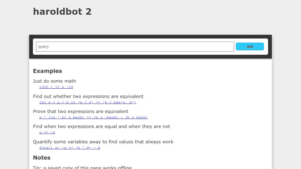 Screenshot of haroldbot.nl: Haroldbot, client-side tool that checks 32-bit bitvector arithmetic equivalence