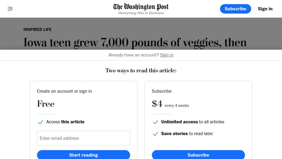 Screenshot of washingtonpost.com: Iowa teen grew 7k pounds of veggies, then gave them all away