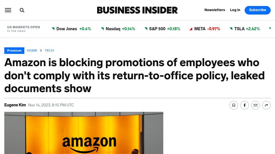 Screenshot of businessinsider.com: Amazon is blocking promotions of employees who don't comply with RTO policy