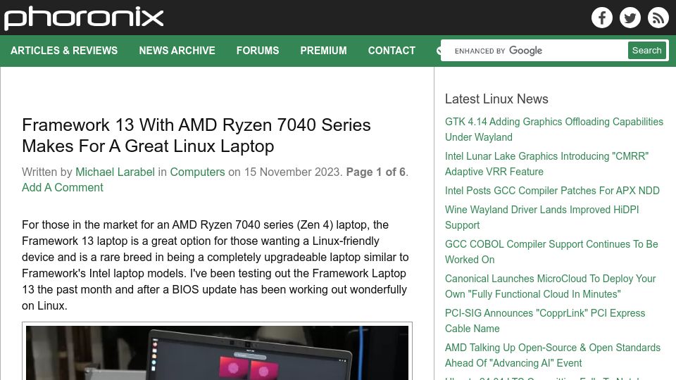 Screenshot of phoronix.com: Framework 13 with AMD Ryzen 7040 Series Makes for a Great Linux Laptop