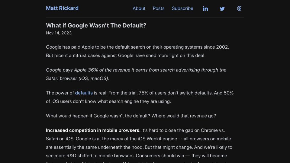 Screenshot of matt-rickard.com: What If Google Wasn't the Default?