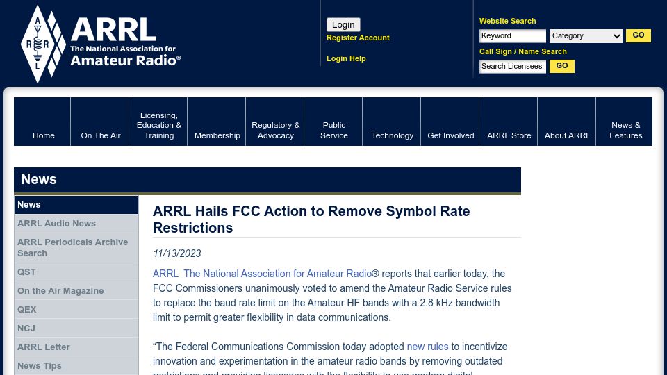 Screenshot of arrl.org: ARRL hails FCC action to remove symbol rate restrictions