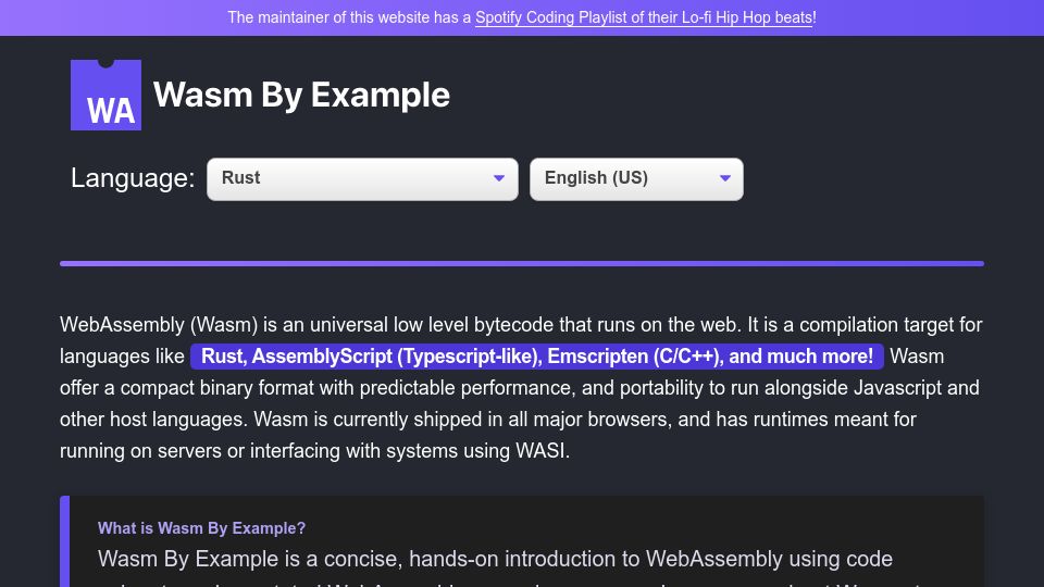 Screenshot of wasmbyexample.dev: WASM by example