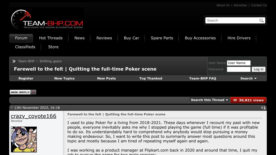 Screenshot of team-bhp.com: Quitting the full-time poker scene