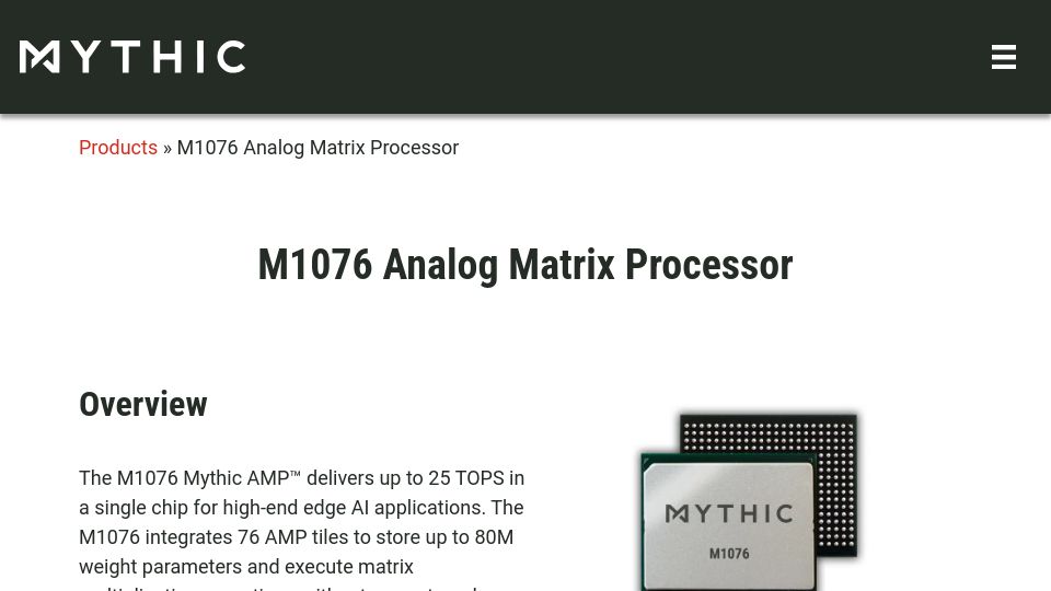 Screenshot of mythic.ai: M1076 Analog Matrix Processor