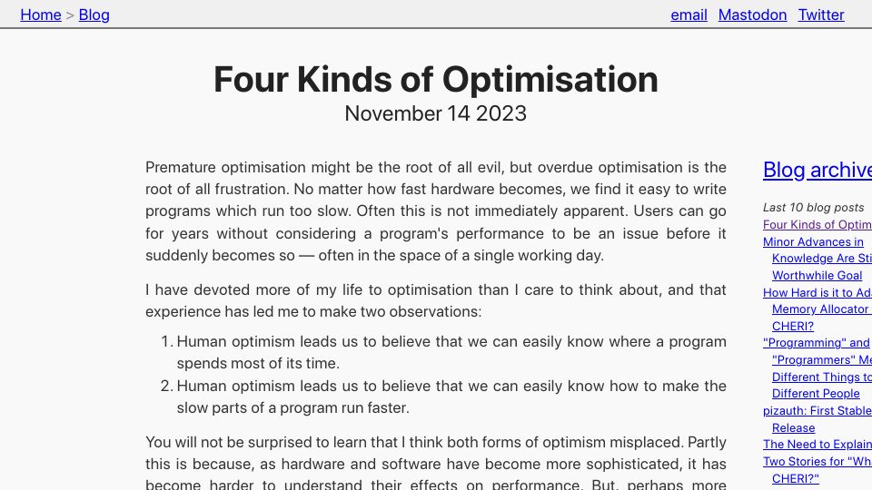 Screenshot of tratt.net: Four Kinds of Optimisation