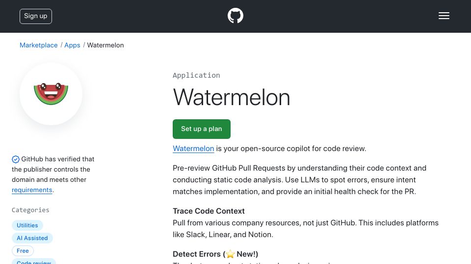 Screenshot of github.com: Show HN: Watermelon – open-source copilot for code review