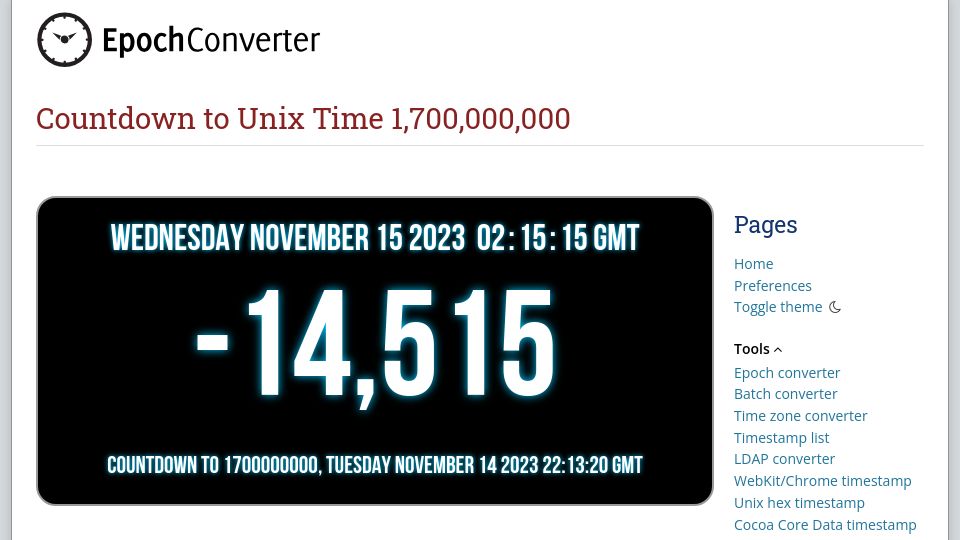 Screenshot of epochconverter.com: Unix Time reaches 1.7 billion