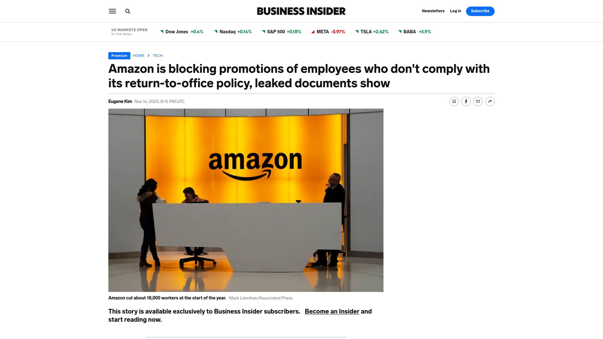 Screenshot of businessinsider.com: Amazon is blocking promotions of employees who don't comply with RTO policy