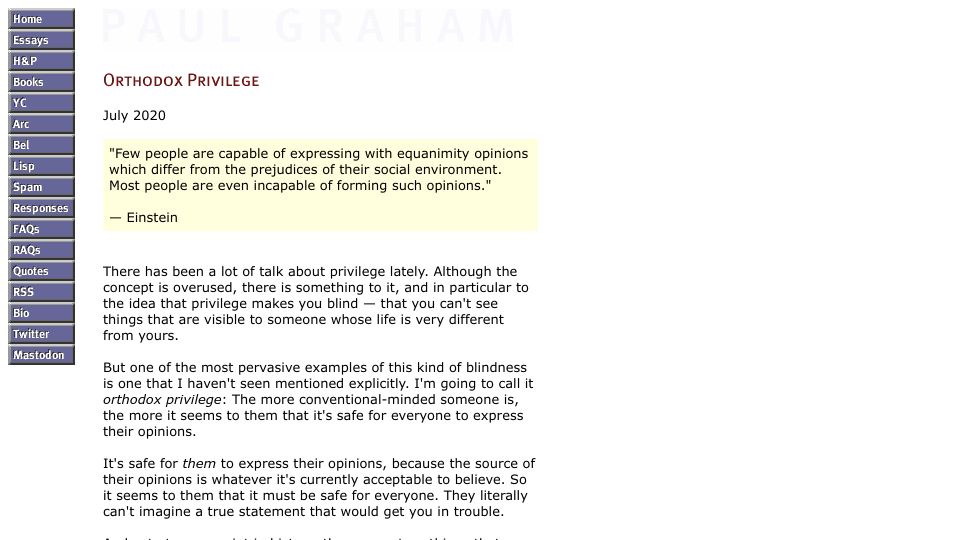 Screenshot of paulgraham.com: Orthodox Privilege (2020)