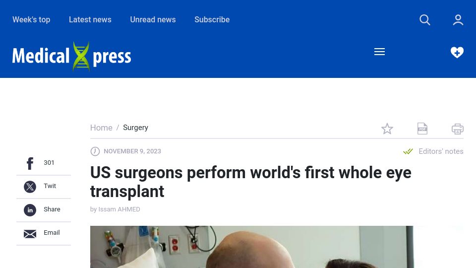 Screenshot of medicalxpress.com: US surgeons perform first whole eye transplant