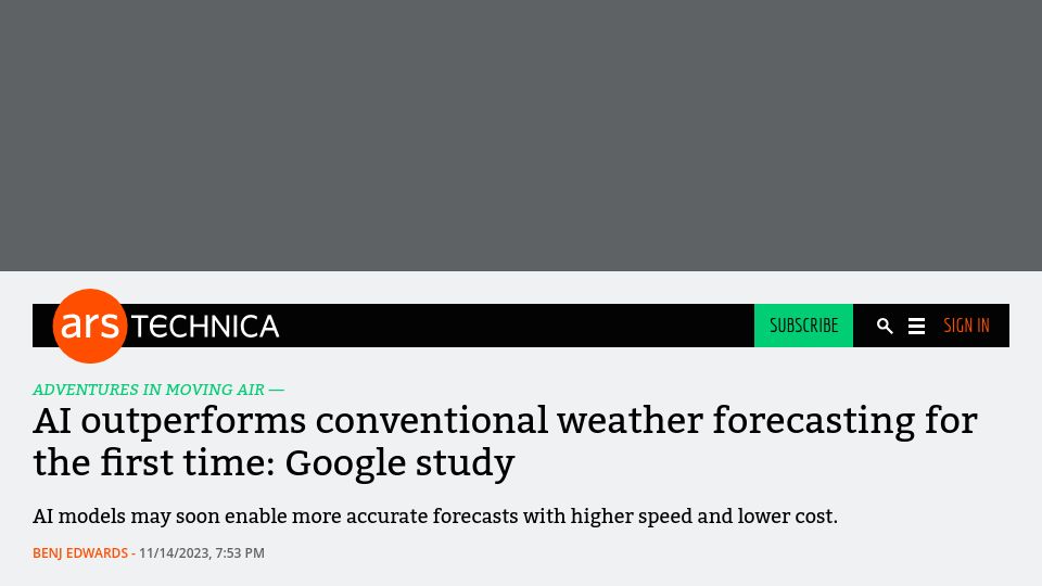 Screenshot of arstechnica.com: AI outperforms conventional weather forecasting for the first time: Google study