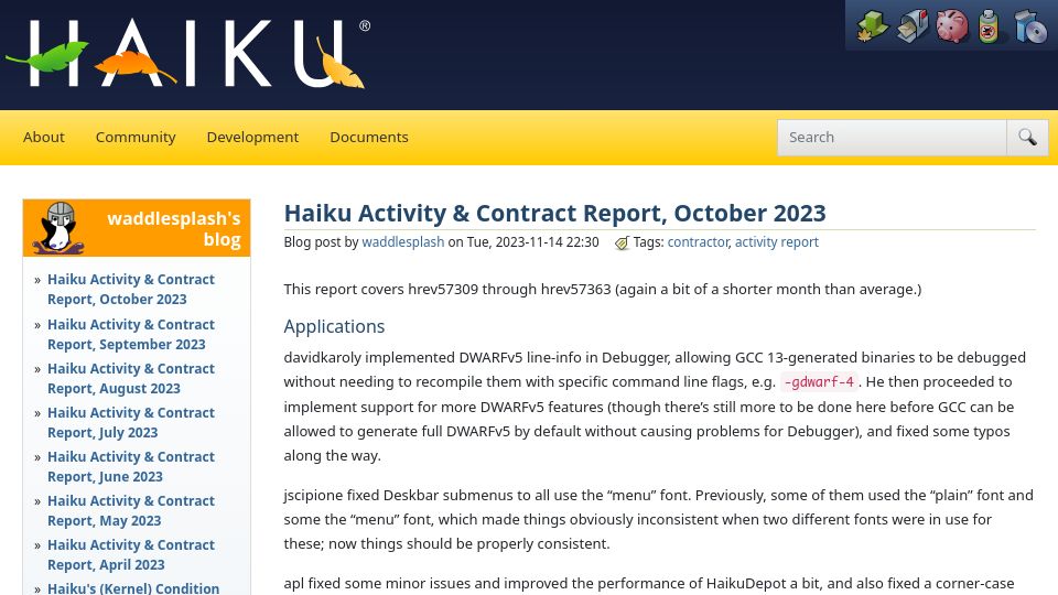 Screenshot of haiku-os.org: Haiku Activity and Contract Report, October 2023