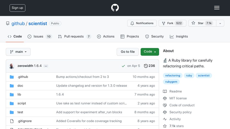 Screenshot of github.com: Scientist: A Ruby library for carefully refactoring critical paths