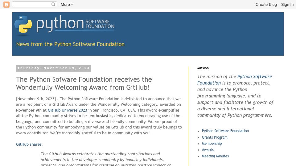 Screenshot of pyfound.blogspot.com: The Python Sofware Foundation Receives Wonderfully Welcoming Award from GitHub