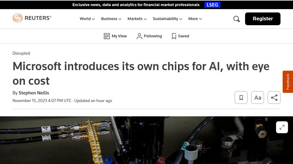 Screenshot of reuters.com: Microsoft introduces its own chips for AI, with eye on cost