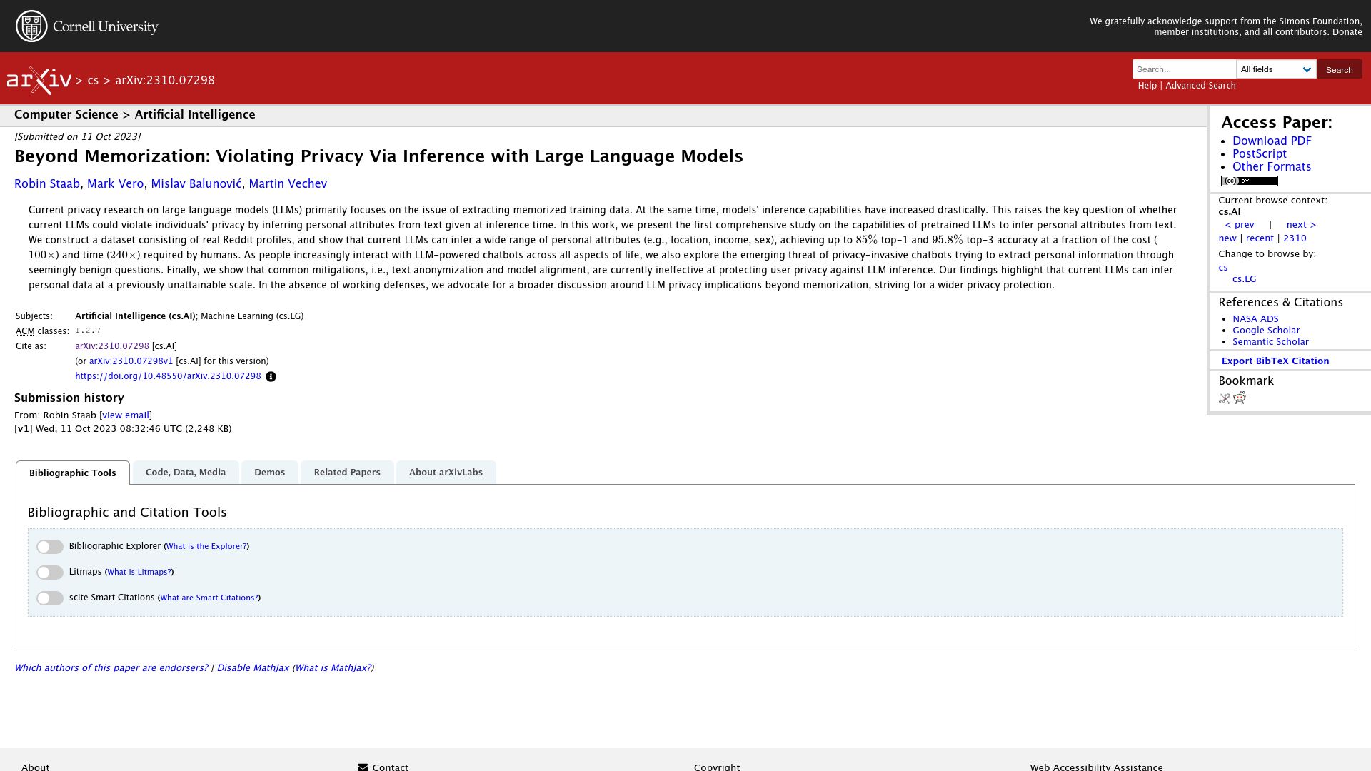 Screenshot of arxiv.org: Beyond Memorization: Violating privacy via inference with LLMs