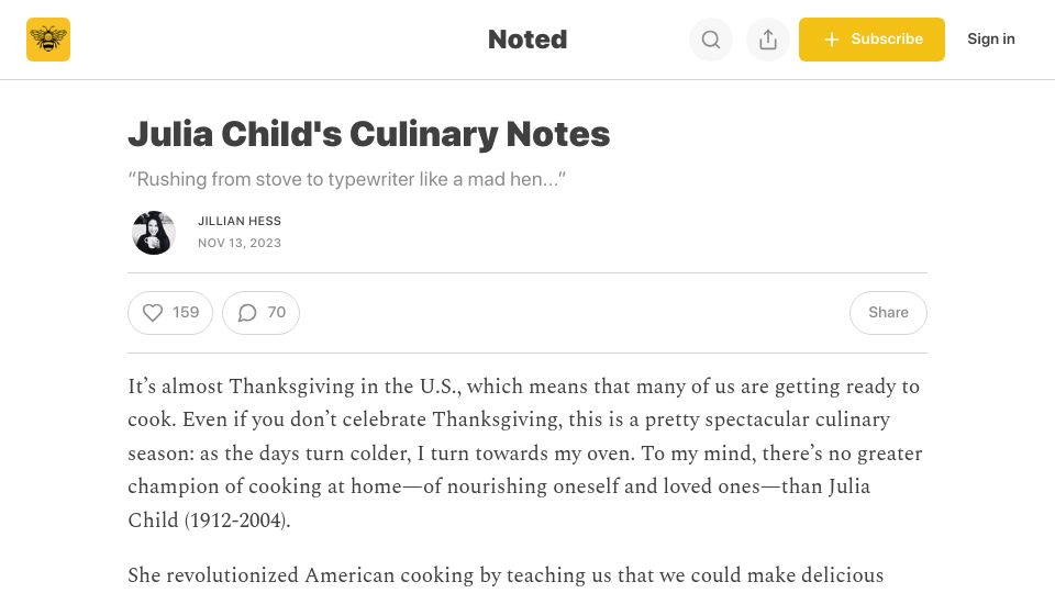 Screenshot of jillianhess.substack.com: Julia Child's Culinary Notes