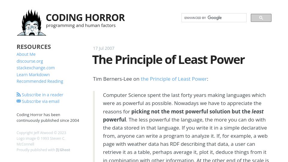 Screenshot of blog.codinghorror.com: The Principle of Least Power (2007)