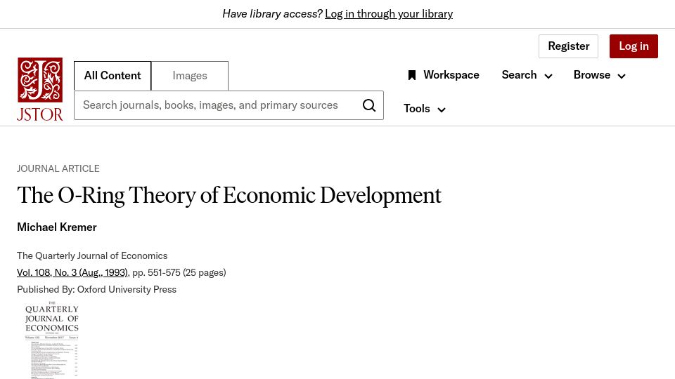 Screenshot of jstor.org: The O-Ring Theory of Economic Development (1993)