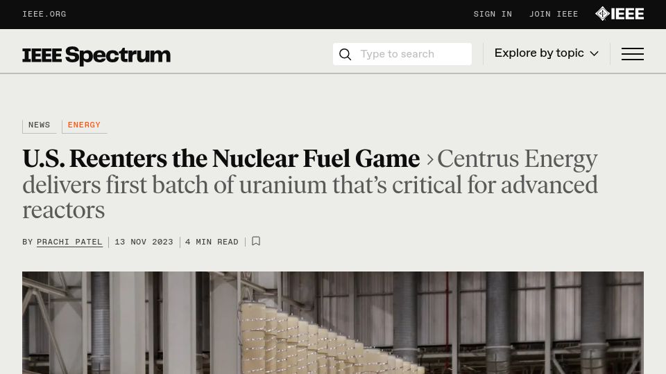Screenshot of spectrum.ieee.org: U.S. reenters the nuclear fuel game