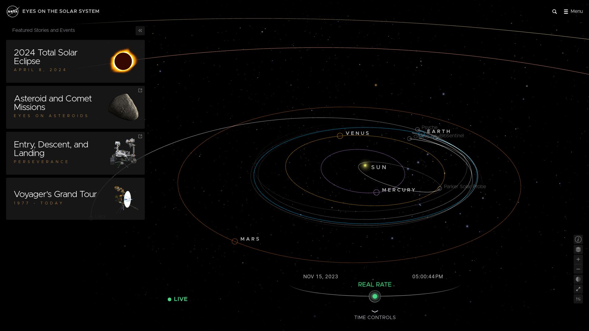 Screenshot of eyes.nasa.gov: Eyes on the Solar System/JPL