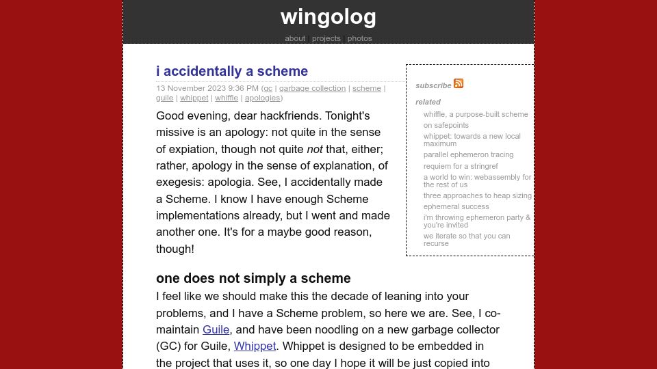Screenshot of wingolog.org: I accidentally a scheme