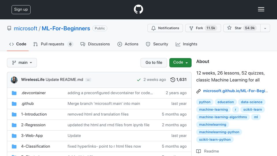 Screenshot of github.com: ML for Beginners GitHub