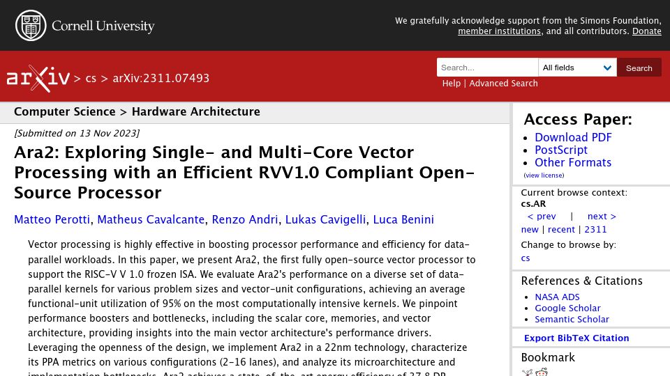 Screenshot of arxiv.org: Ara2: RVV 1.0 Compliant Open-Source Processor