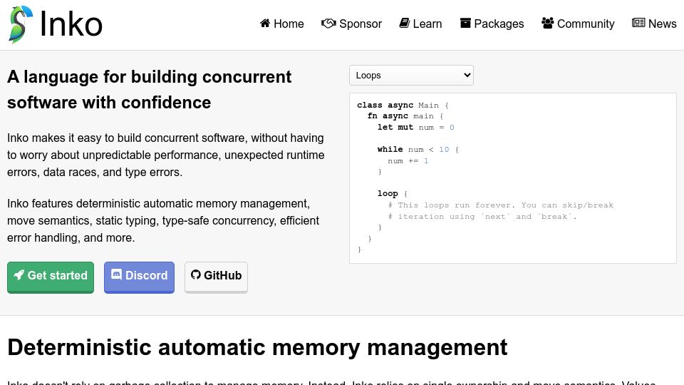 Screenshot of inko-lang.org: Inko Programming Language