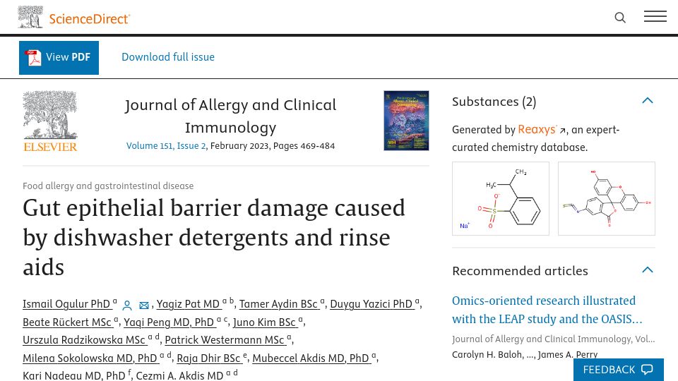 Screenshot of sciencedirect.com: Gut epithelial barrier damage caused by dishwasher detergents and rinse aids