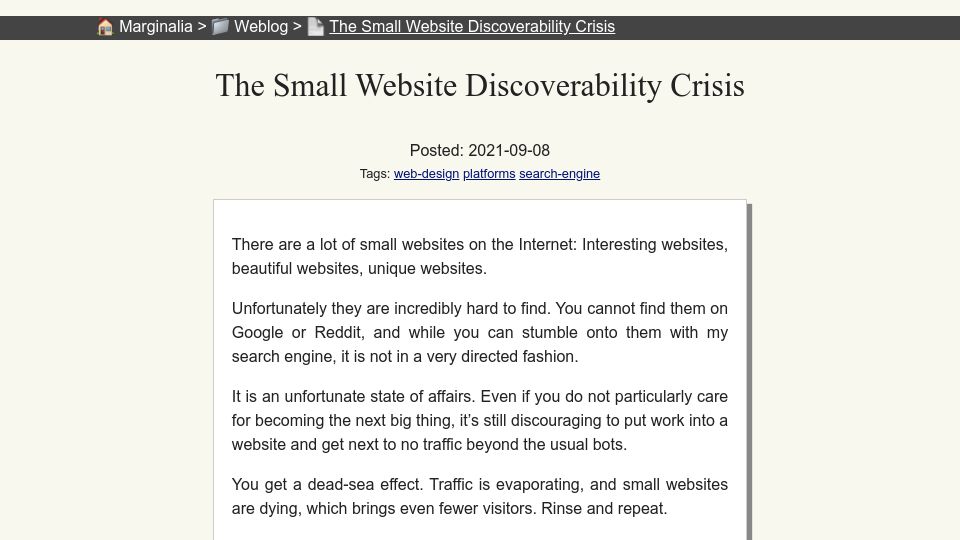 Screenshot of marginalia.nu: The Small Website Discoverability Crisis (2021)