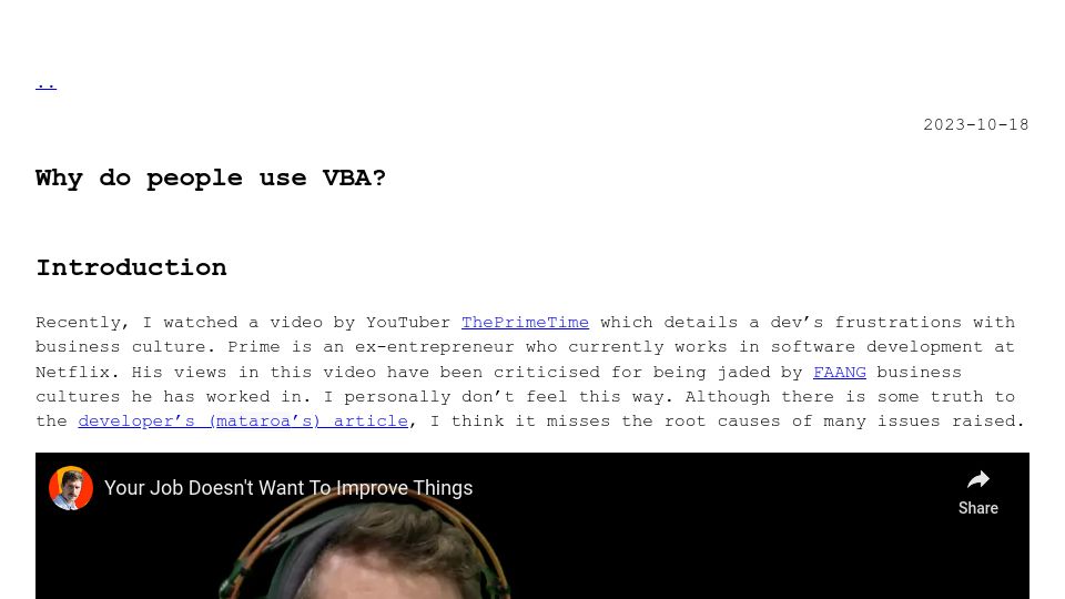 Screenshot of sancarn.github.io: Why do people still use VBA?