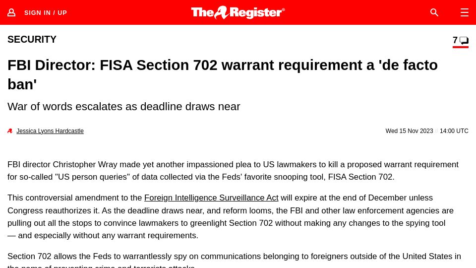 Screenshot of theregister.com: FBI Director: FISA Section 702 warrant requirement a 'de facto ban'