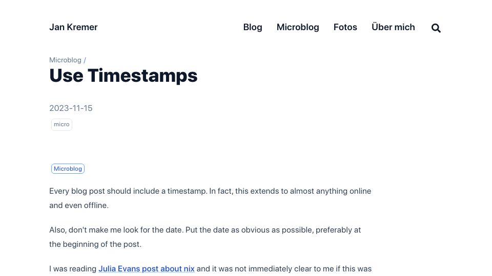 Screenshot of jankremer.eu: Use Timestamps