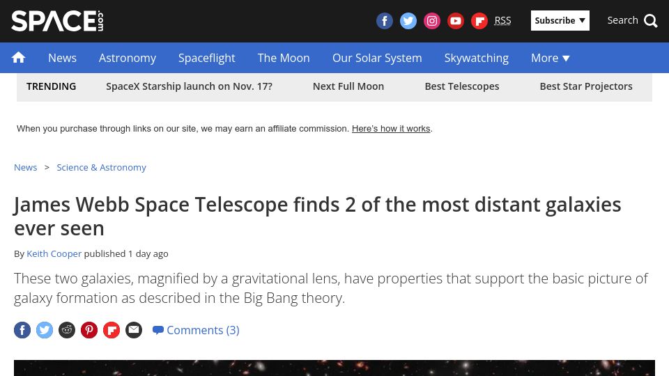 Screenshot of space.com: James Webb Space Telescope finds 2 of the most distant galaxies ever seen